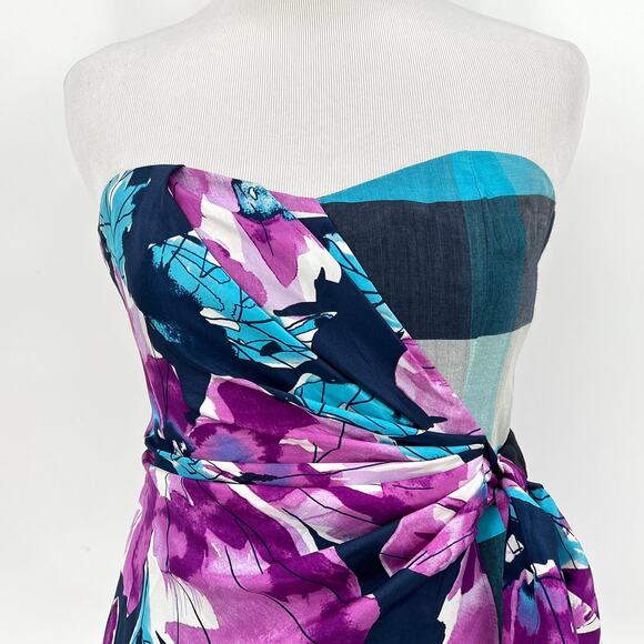 NANETTE LEPORE Floral Strapless Bustier top Womens 2 Purple Blue Silk Plaid Wrap - Picture 4 of 9